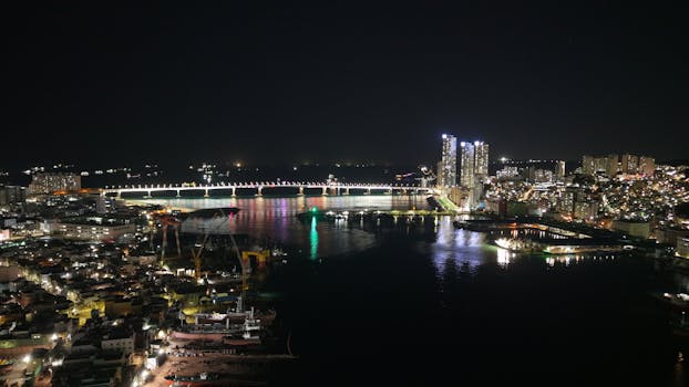 Stunning night view of Busan's illuminated skyline and bridge reflecting on the water.