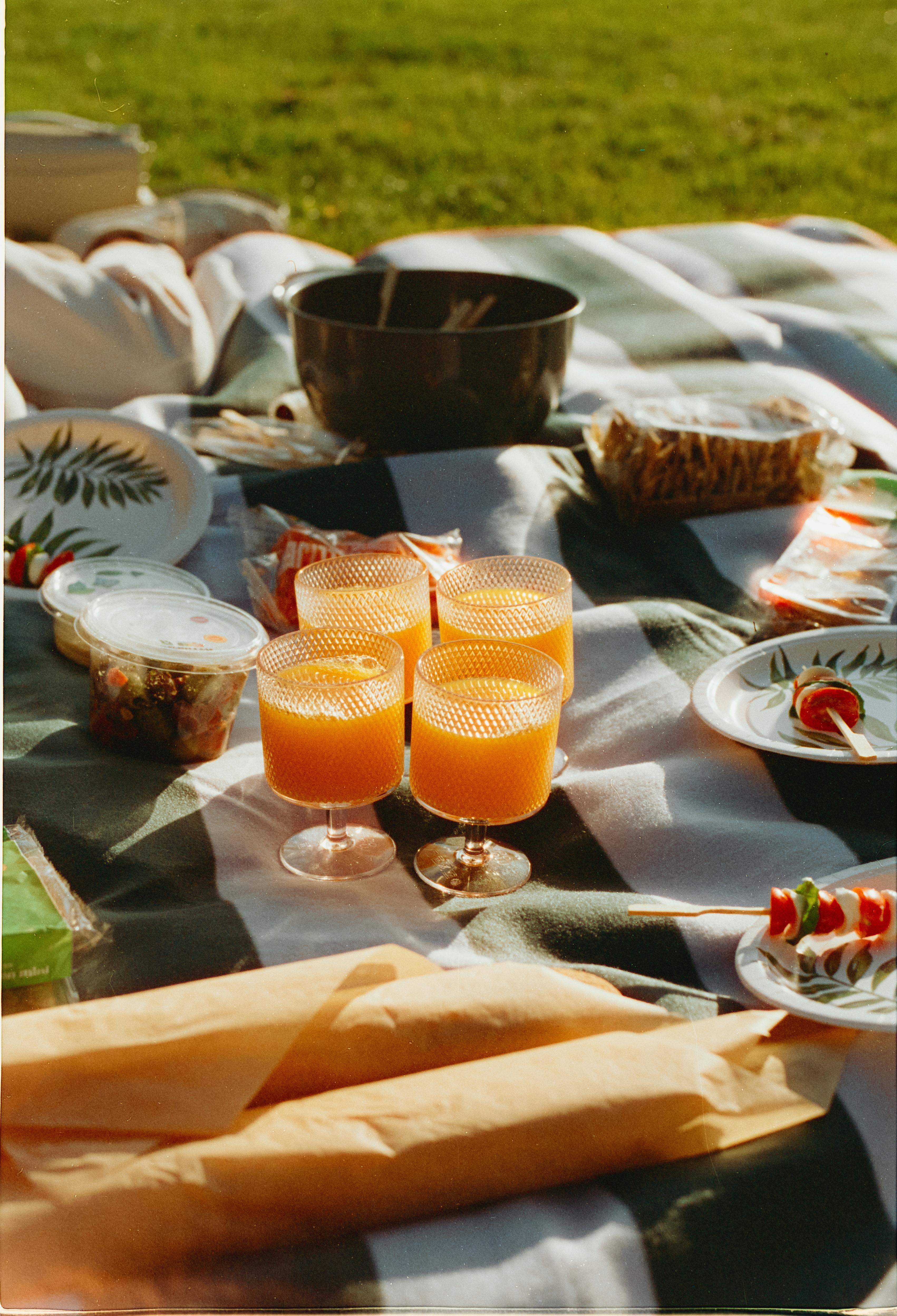 Sunny outdoor picnic setting with glasses of orange juice on a blanket.