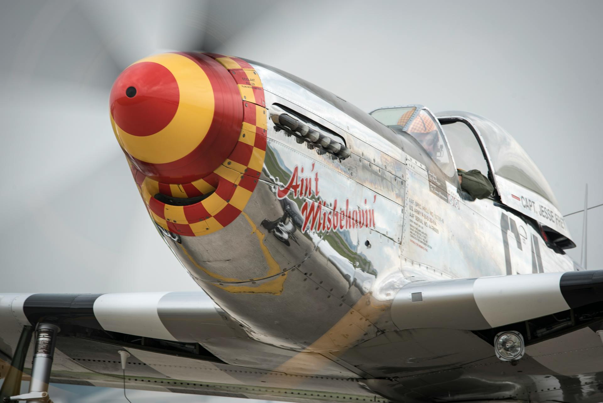 Detailed view of a P-51 Mustang vintage aircraft with vibrant nose art.