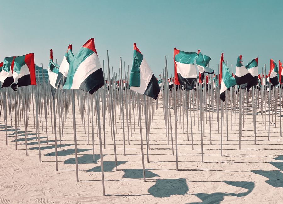 Rows of UAE flags on a sunny beach in Dubai, with Burj Al Arab in the background.