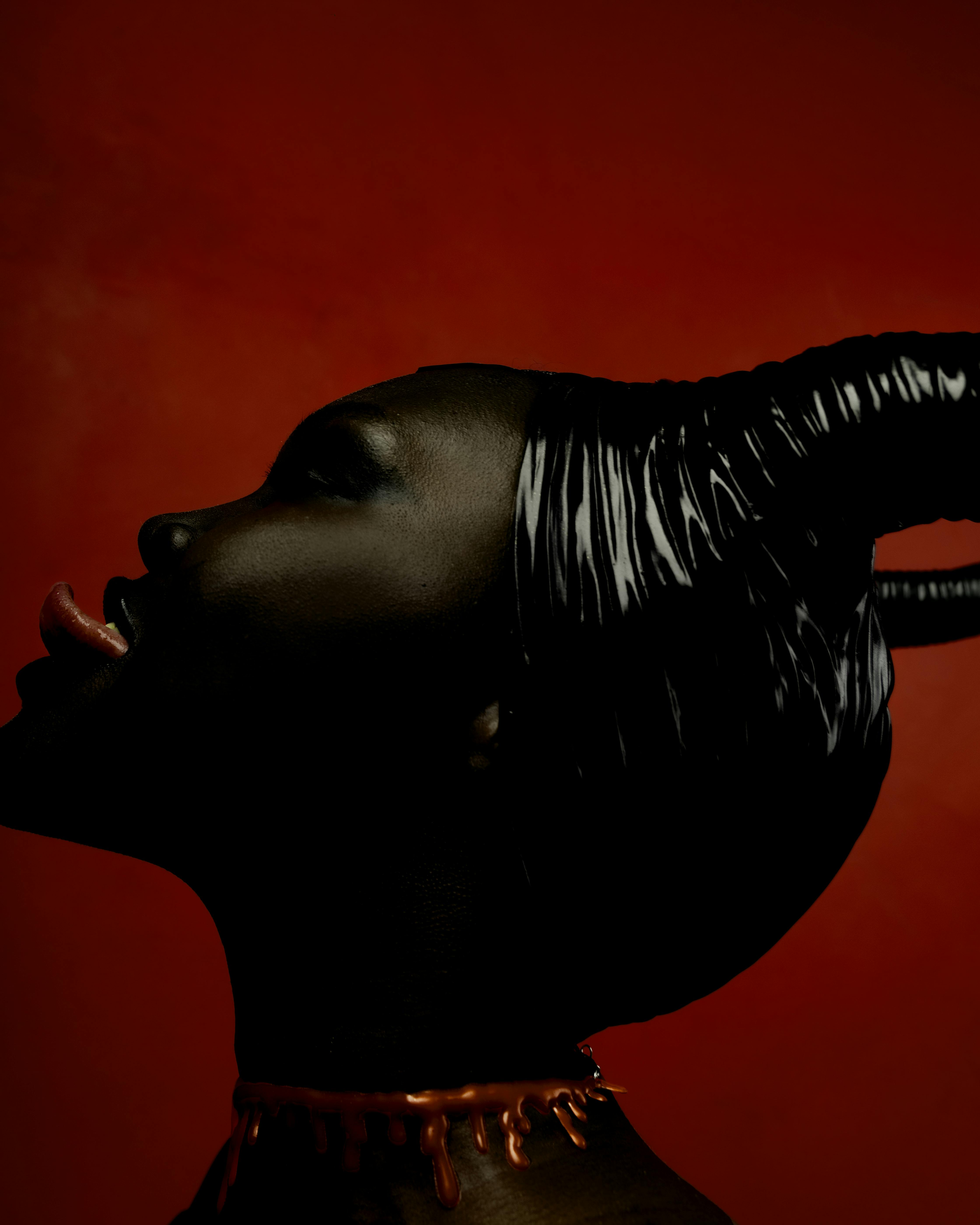 grátis Perfil de uma pessoa com chifres em um fundo vermelho vivo, artístico e marcante. Foto profissional