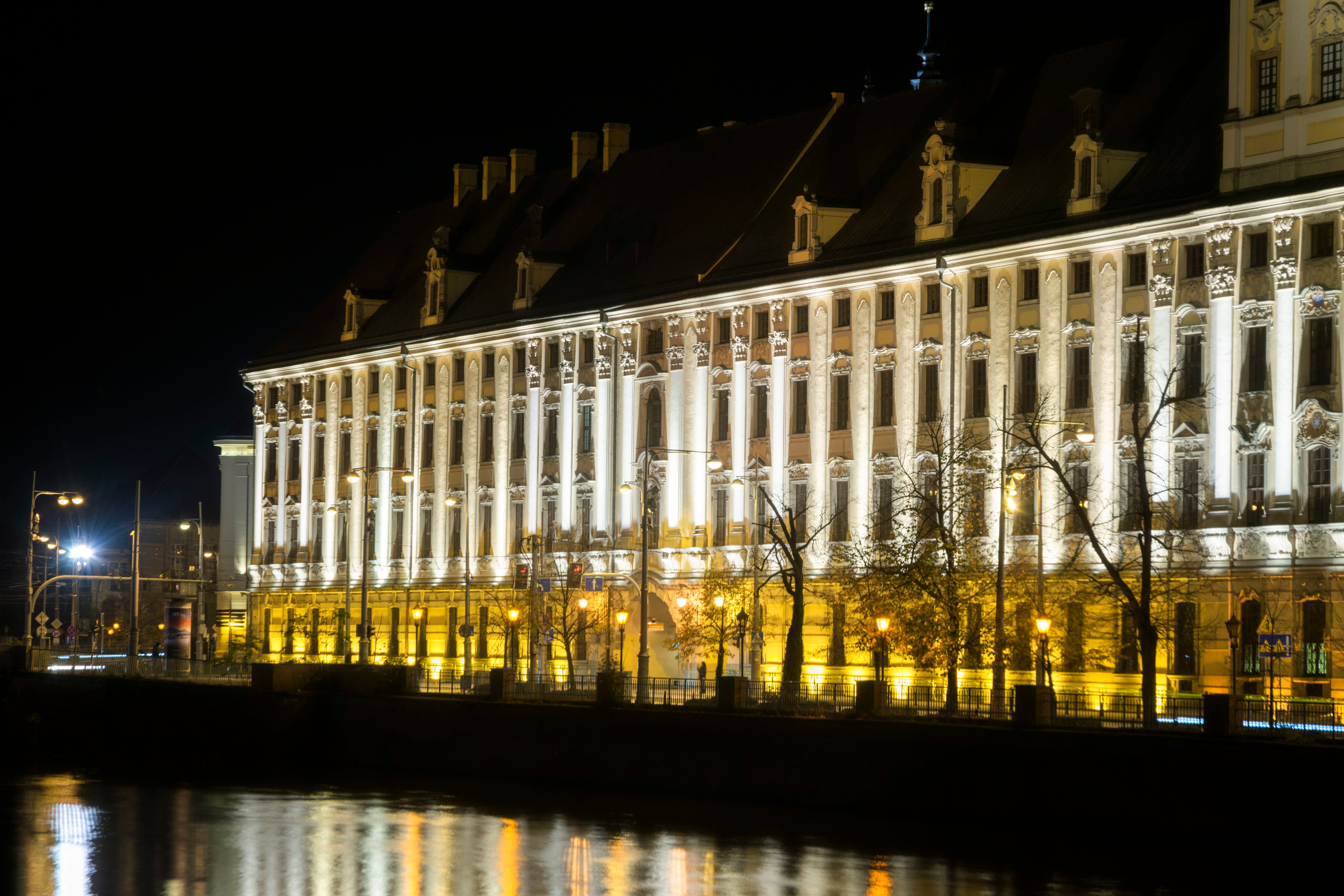 Night view of the University of Wrocław, beautifully illuminated in Poland. - Breslavia