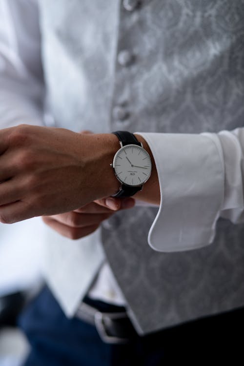 Round White and Silver-colored Analog Watch With Black Leather Band