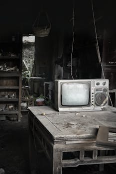 Old television set on a wooden table in an abandoned, dusty room with shelves in the background.