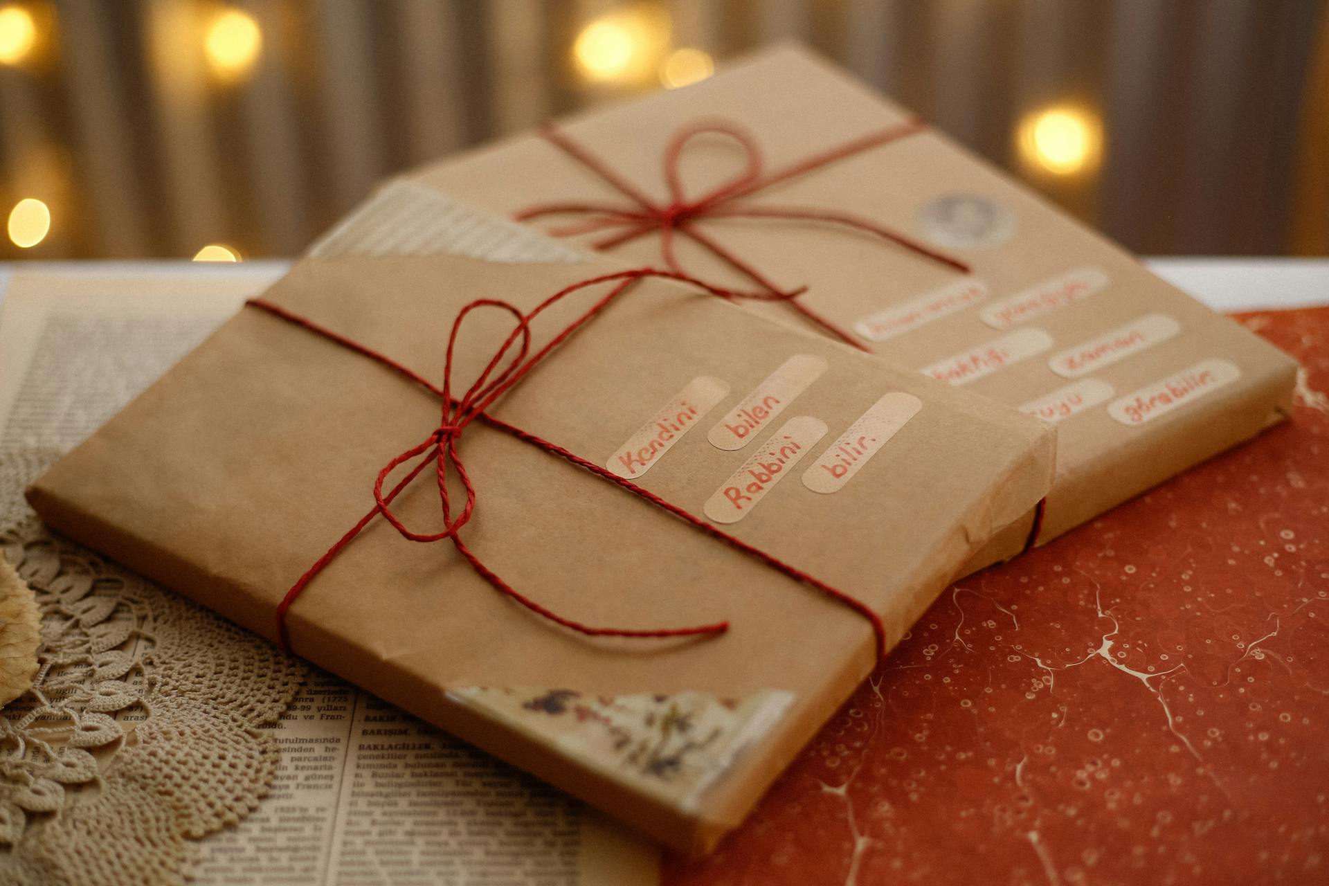 Beautifully wrapped gifts with red twine and scripted labels evoke a cozy holiday mood.