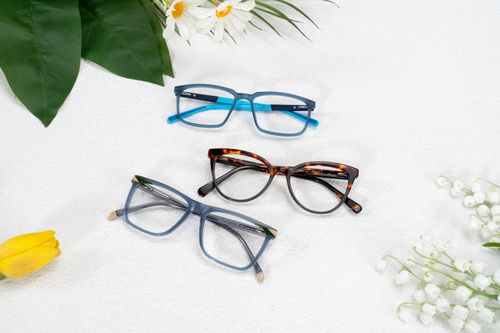 Free Stylish glasses arranged with spring flowers on a textured background. Modern and chic. Stock Photo