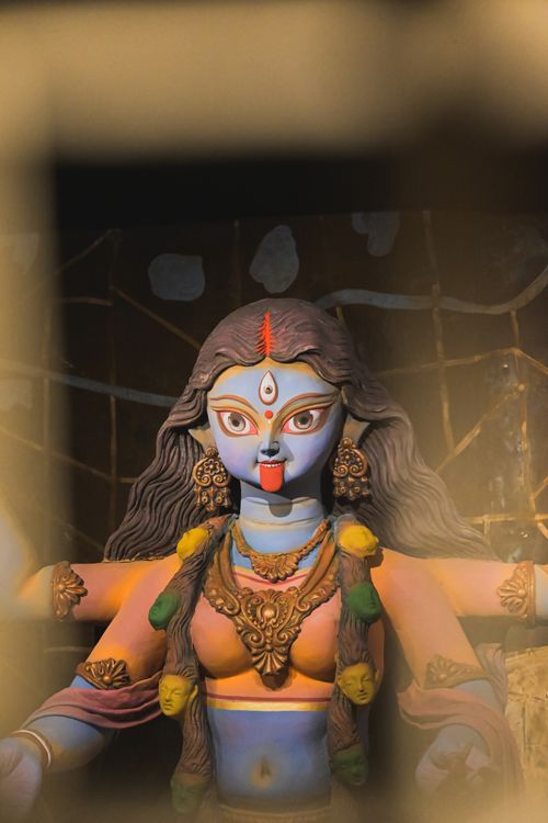 Free Vibrant idol of Goddess Kali displayed during Kolkata festival celebration. Stock Photo