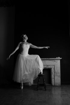 Graceful ballerina in a tutu striking a classic pose indoors.