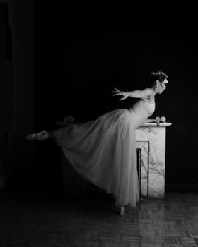 Ballet dancer in elegant pose, captured in classic black and white style.