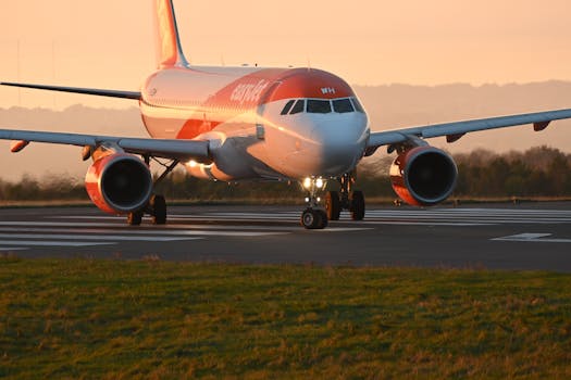 A commercial airplane landing on a runway during a vibrant sunset, capturing motion and light.