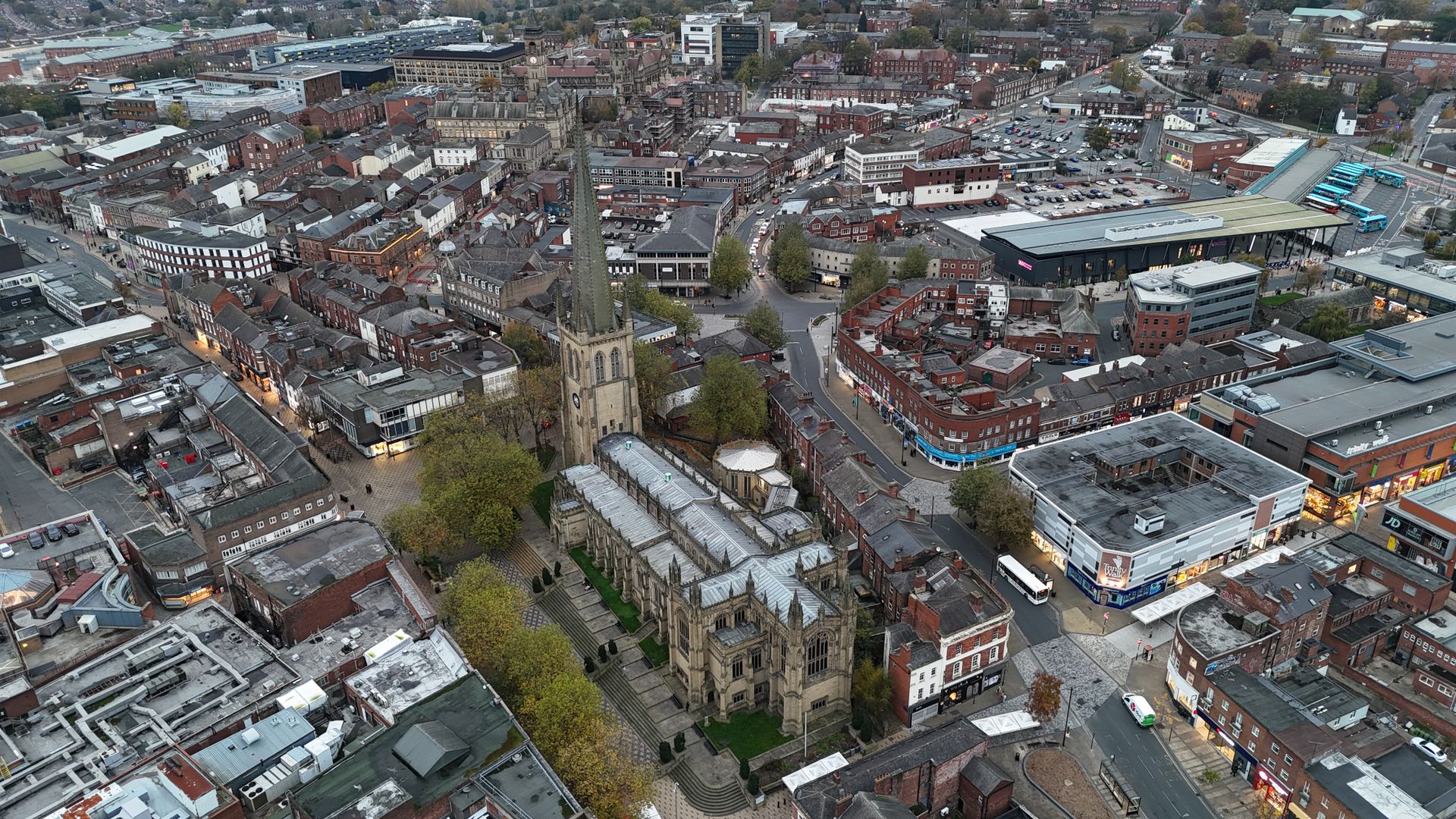 Wakefield city centre showing the cathedral and surrounding streets