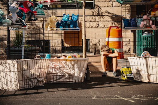 A tired child sitting at an outdoor toy sale, surrounded by stuffed animals and baskets.