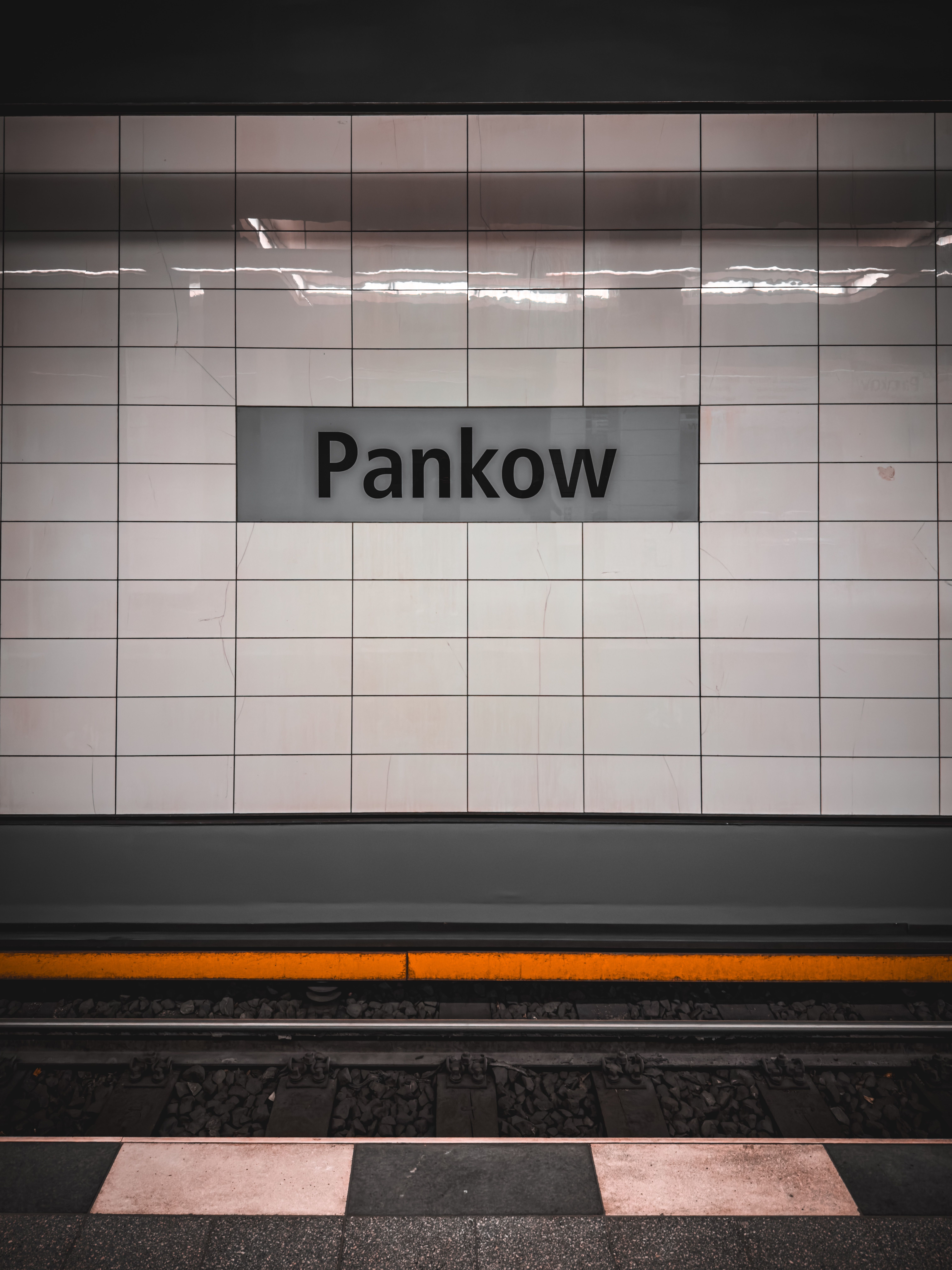 View of Pankow subway platform with sign in Berlin, Germany's metro system.