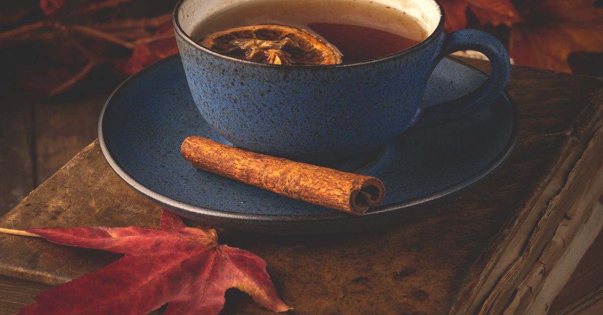 Fall Drinking Tea Cozy Autumn Tea with Cinnamon and Leaves · Free Stock Photo