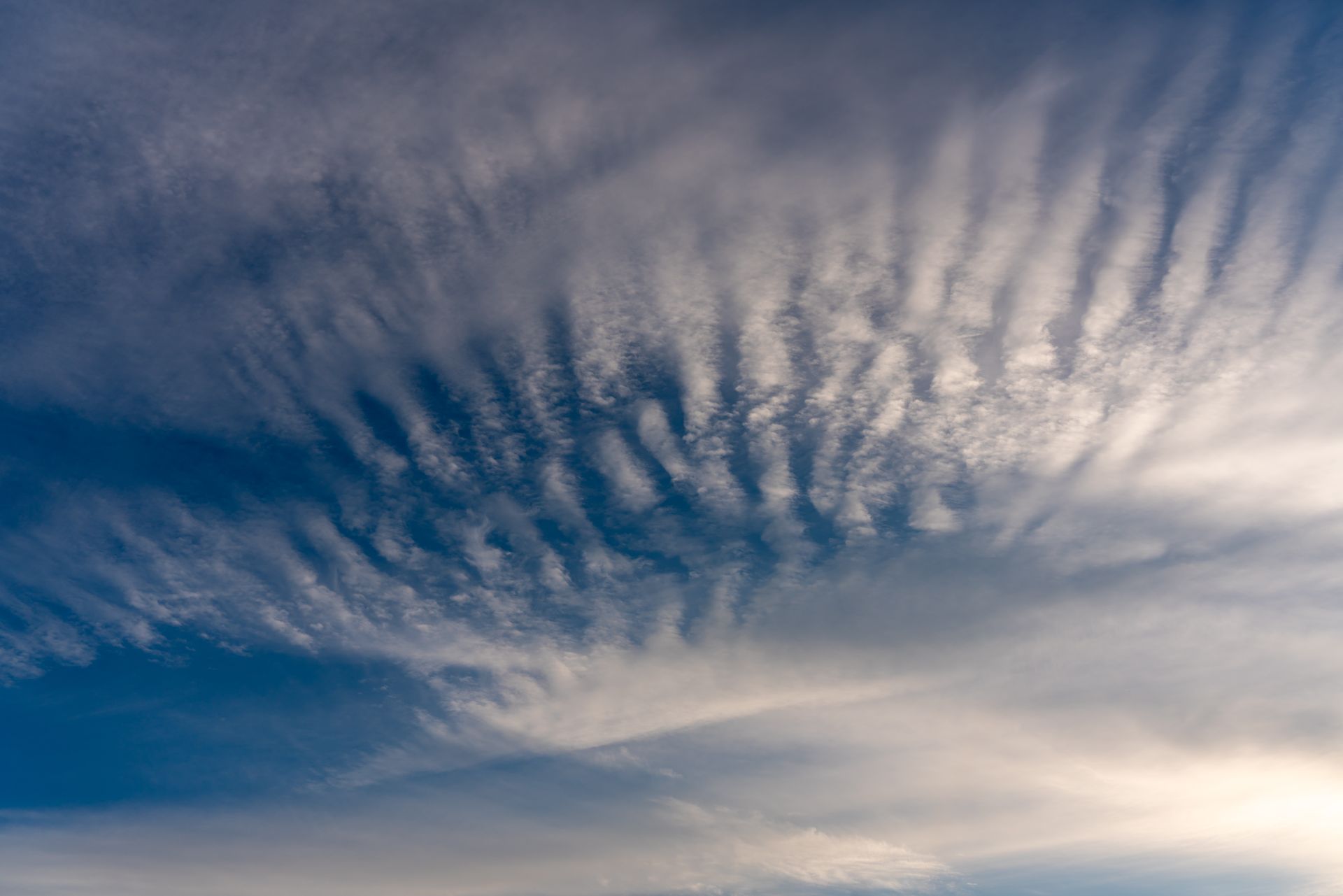 Dramatic cirrocumulus cloud patterns against a vivid blue sky, captured outdoors in day.
