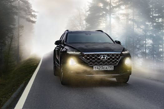 Black SUV driving on a misty forest road with headlights on, creating a dramatic scene.