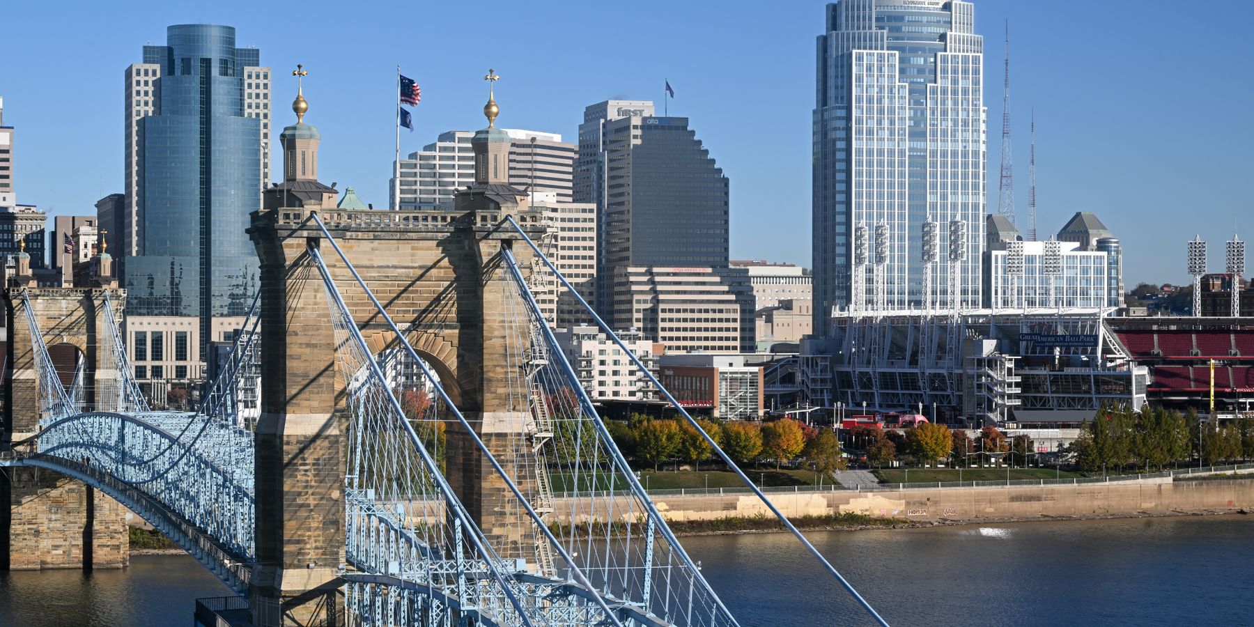 Stunning view of Cincinnati skyline featuring the historic Roebling Suspension Bridge.