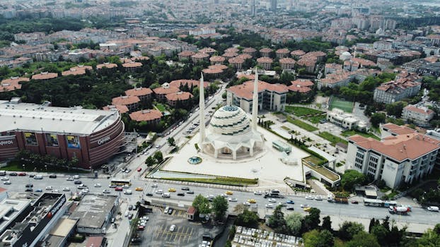 Stunning aerial view of a modern mosque in Istanbul, showcasing surrounding cityscape.