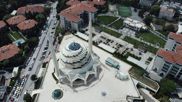 A stunning aerial shot of İlahiyat Mosque in Istanbul, showcasing its architectural beauty.