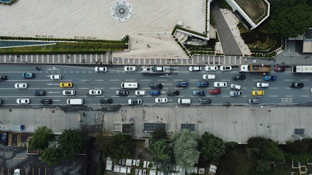High-angle shot of busy city road traffic in Istanbul.
