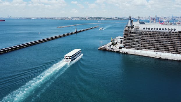 Drone shot of Haydarpaşa Train Station by the Bosphorus in Istanbul, Türkiye, highlighting transport and architecture.