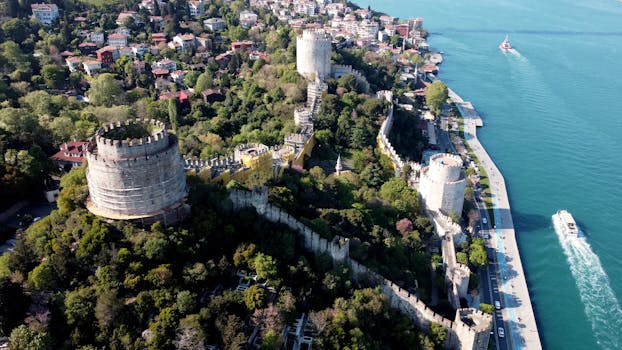 Stunning aerial shot of historic Rumeli Fortress by the Bosphorus in Istanbul, Türkiye.