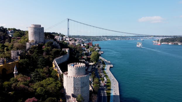A stunning aerial view of Rumeli Fortress and Bosphorus Bridge in Istanbul, Türkiye.