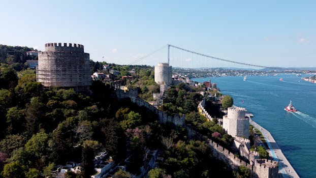A stunning aerial view of Rumeli Fortress with the Bosphorus Bridge in Istanbul, Türkiye.