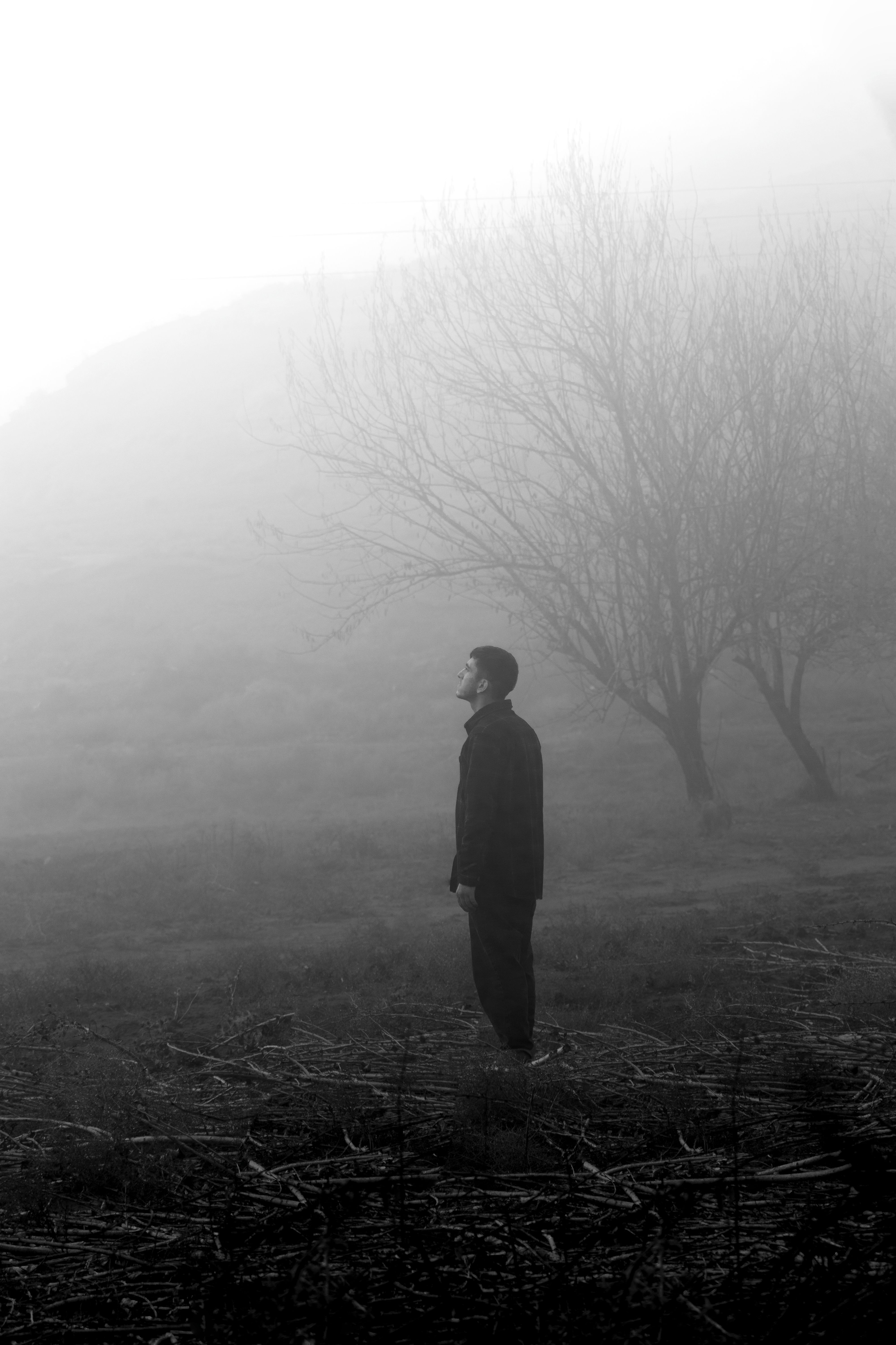A serene black and white portrait of a man standing in foggy nature, Tabriz, Iran.