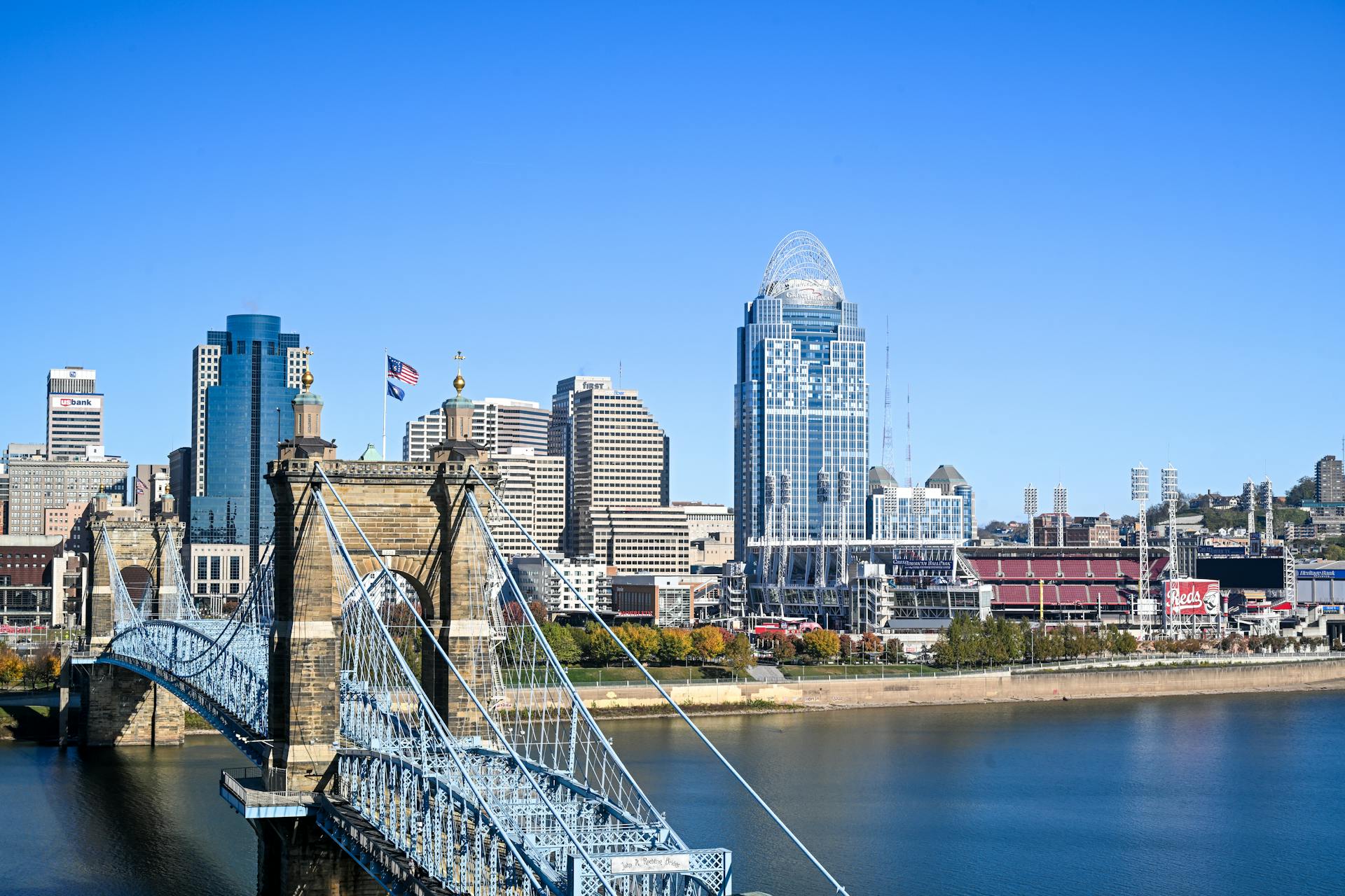 Beautiful view of Cincinnati skyline featuring the iconic Roebling Suspension Bridge.