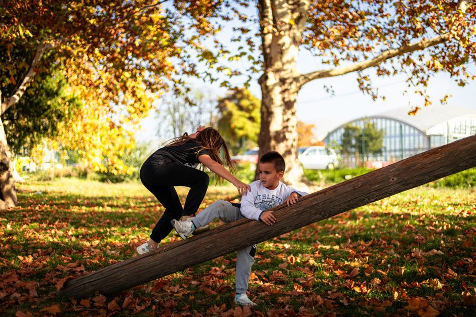 Two kids enjoying playtime on a seesaw in an autumn park with colorful leaves.