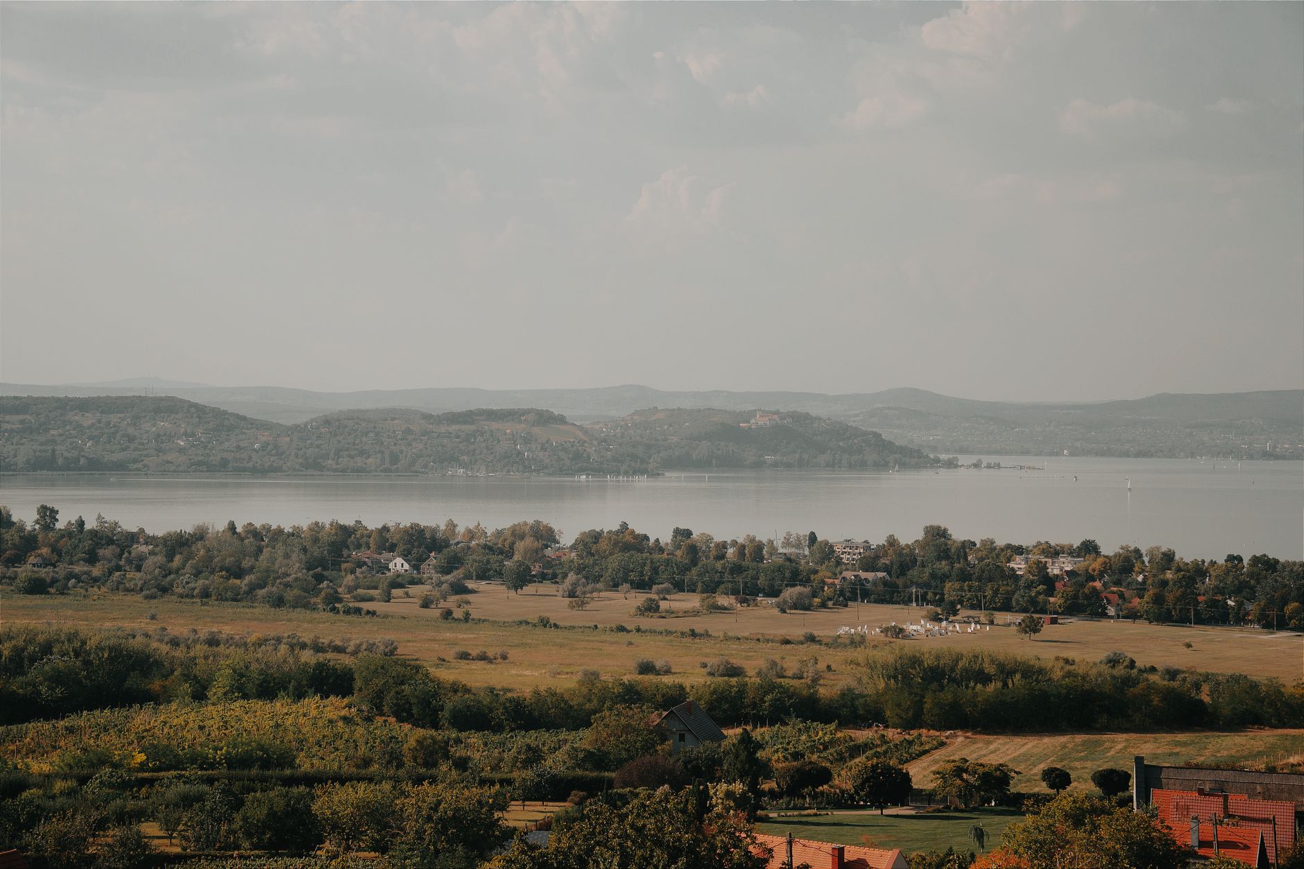 Stunning landscape view of Lake Balaton from a vineyard terrace in Hungary. Tranquil and picturesque scenery.