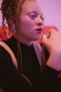 A fashionable woman applying red lipstick indoors with a vibrant background, showcasing modern beauty trends.