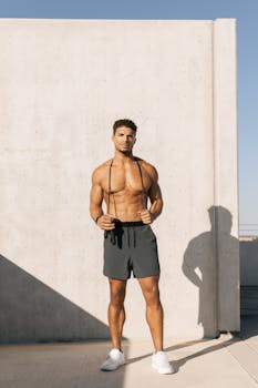 Fit male on rooftop in Austin, Texas, showcasing athletic clothing during workout.