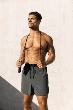 Fit man jumping rope under sunny skies, promoting outdoor workouts.