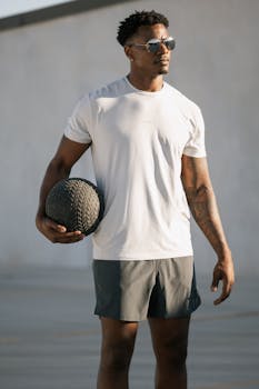 Young male wearing athleisure holding exercise ball on rooftop in Austin, Texas.
