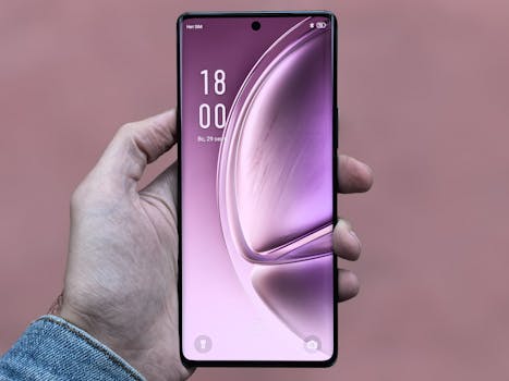 A person holding a sleek, modern smartphone with a purple screen against a plain background.