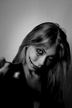 Striking black and white portrait of a woman with intense Joker-inspired makeup.