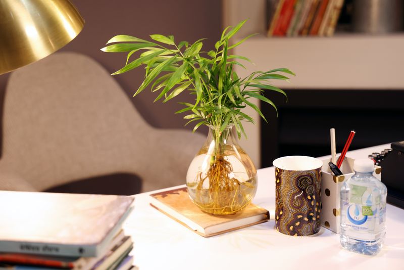 realistic faux fern in a ceramic pot on a desk