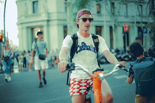 A young man rides a bike through a bustling city street during daytime.