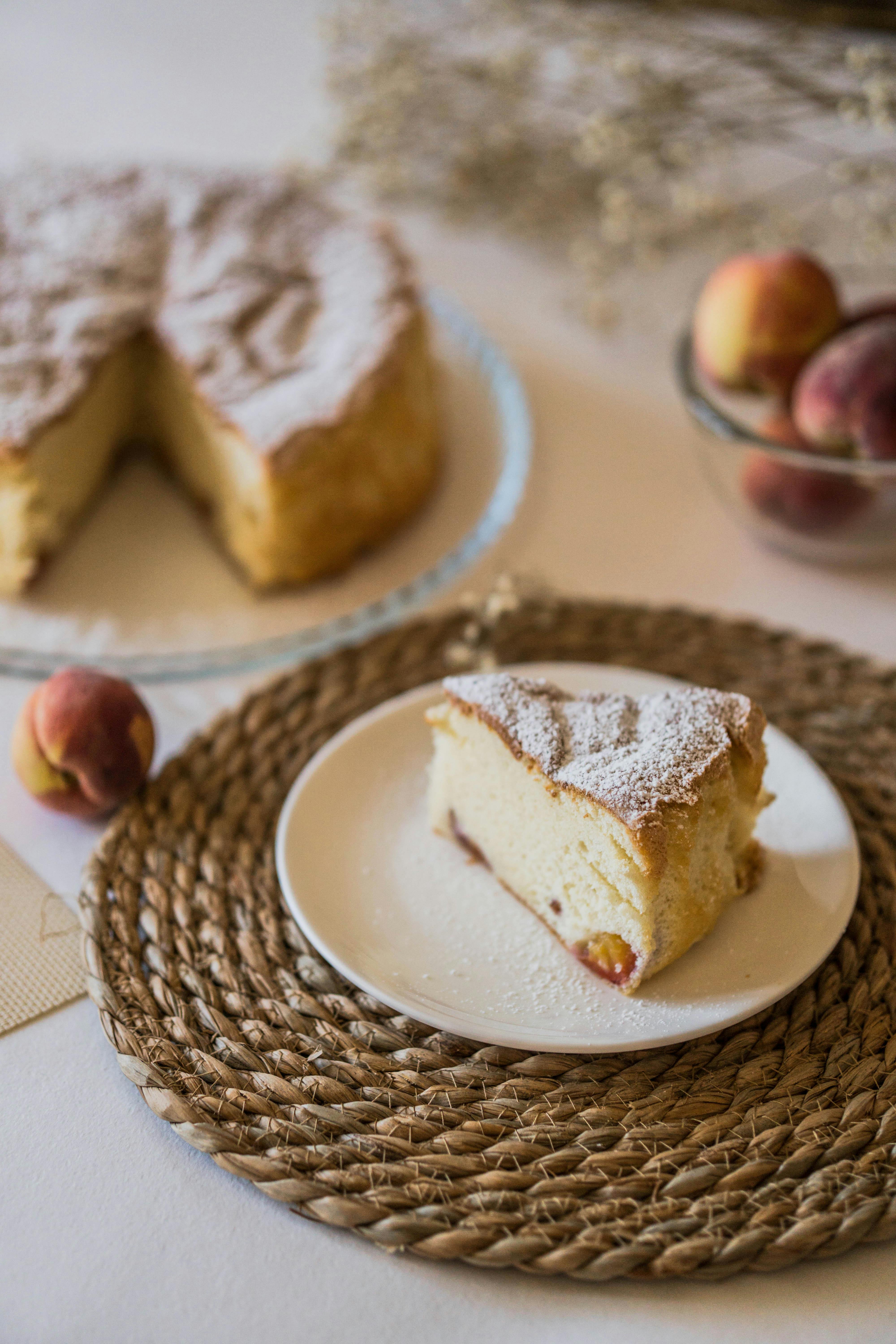 delicious homemade peach cake slice on plate