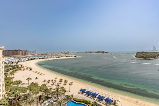 A breathtaking aerial shot of Palm Jumeirah, showcasing Dubai's iconic coastline and luxurious resorts.