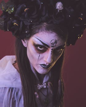 Captivating portrait of a woman with Day of the Dead makeup and headdress. Perfect for Halloween themes.