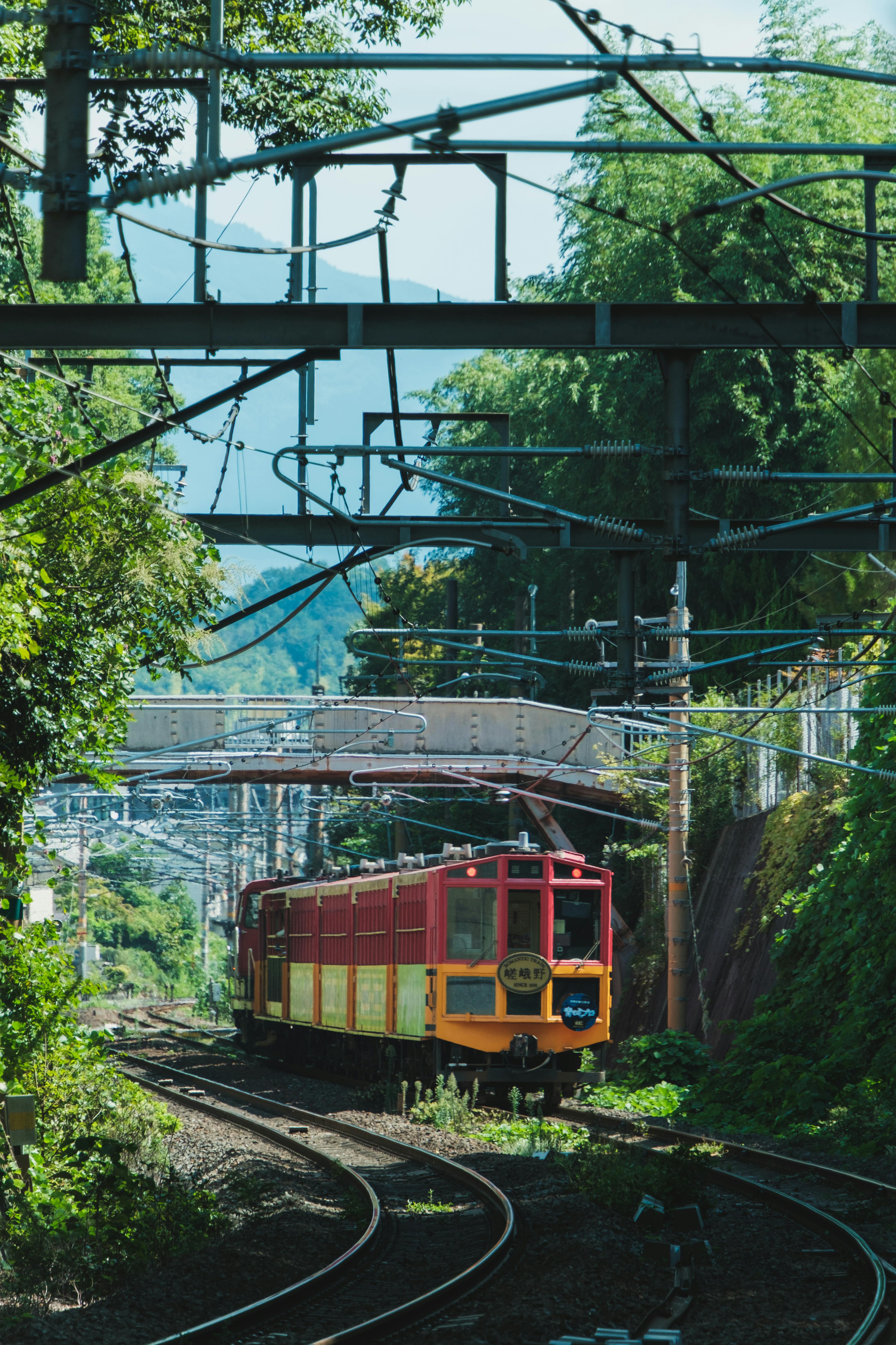 A red train traveling on a lush, overgrown railway track surrounded by greenery and bridges.