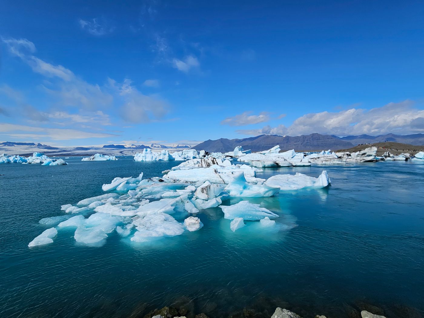 Icebergs floating on the calm water of Jökulsárlón glacier lagoon in Iceland under a clear blue sky