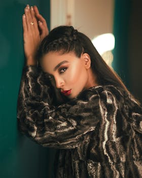 A stunning fashion model posing elegantly with bold makeup and striking hairstyle.