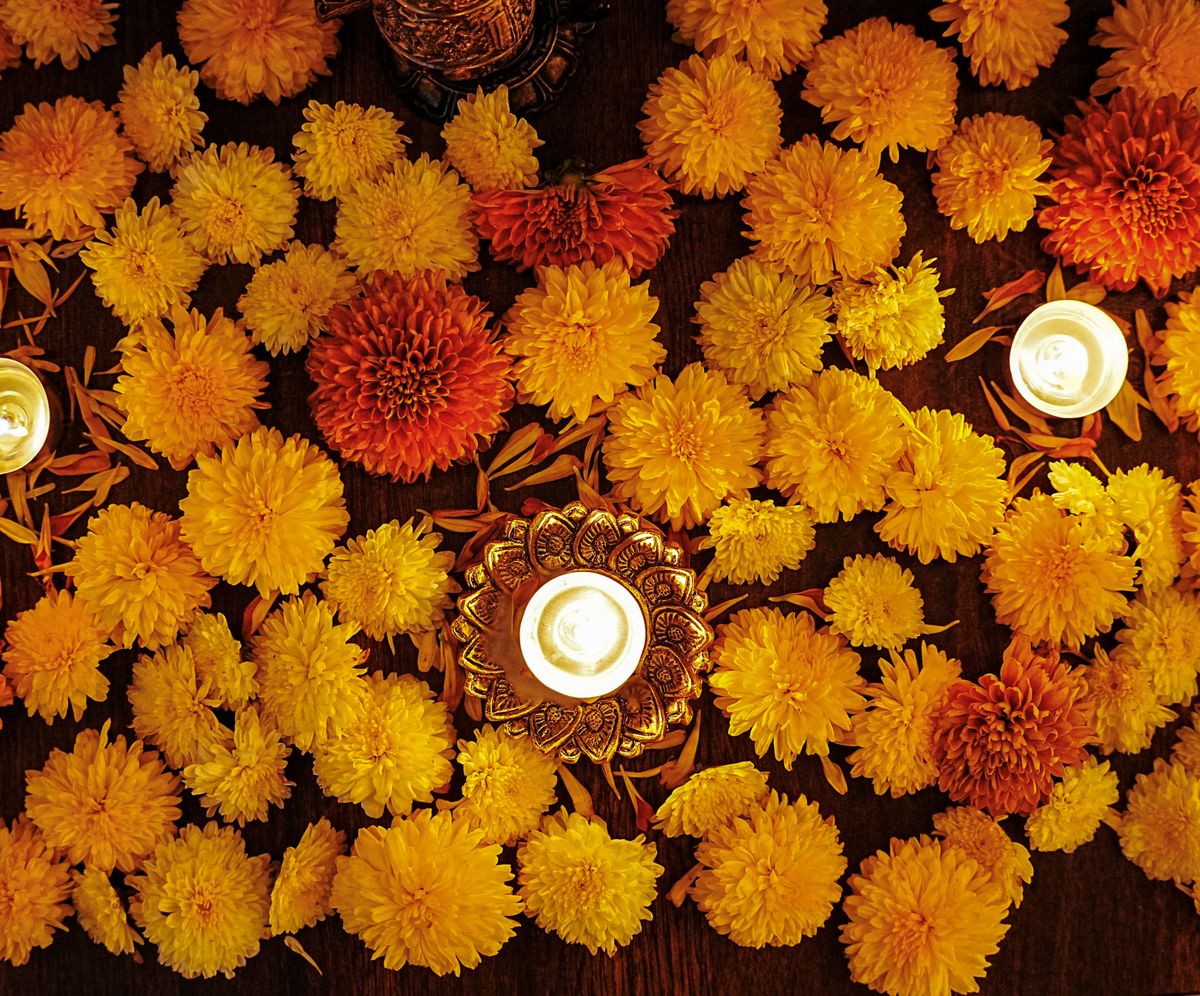 Marigold flowers and diyas