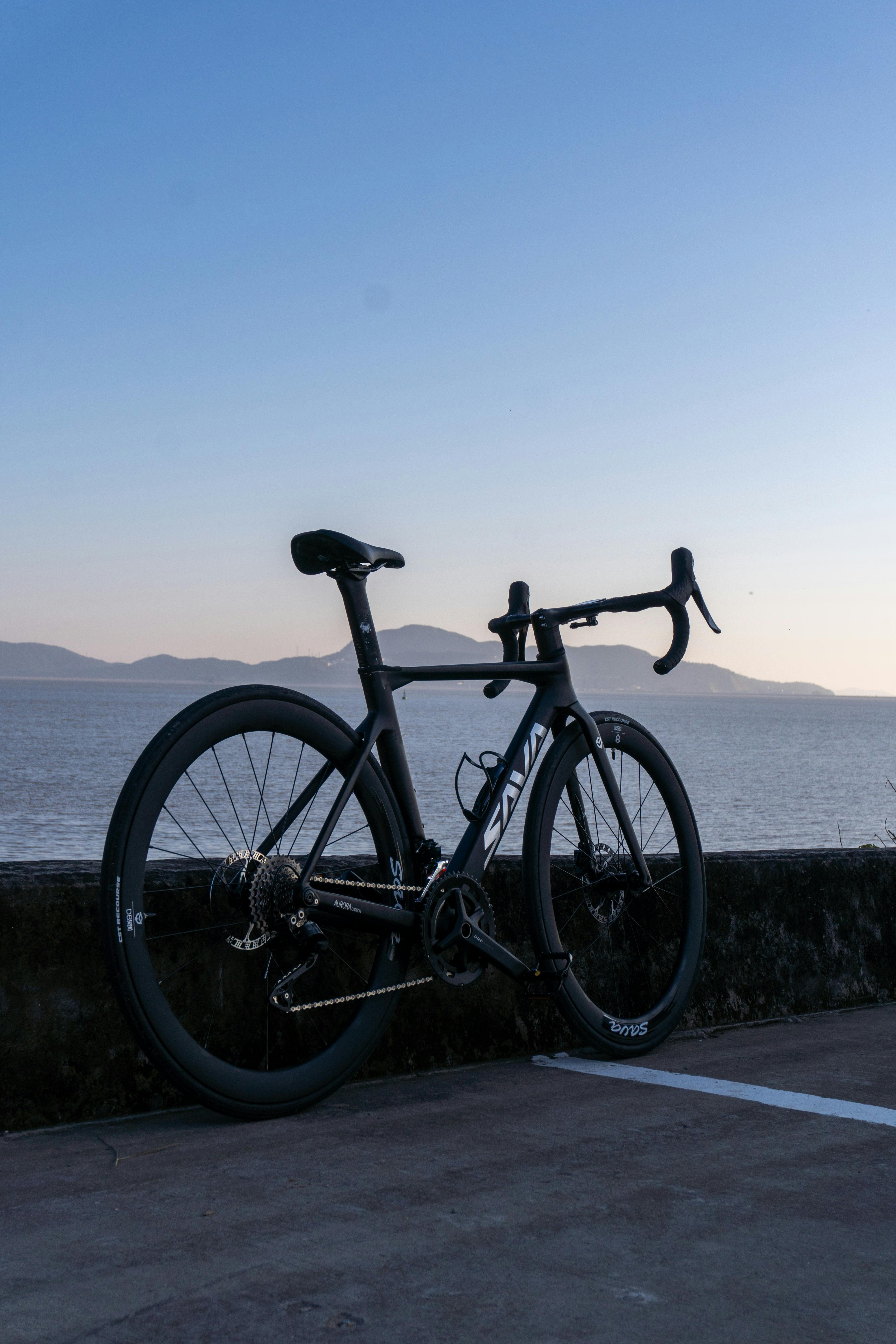 A high-performance road bike rests against a sea wall with an ocean backdrop at sunset.