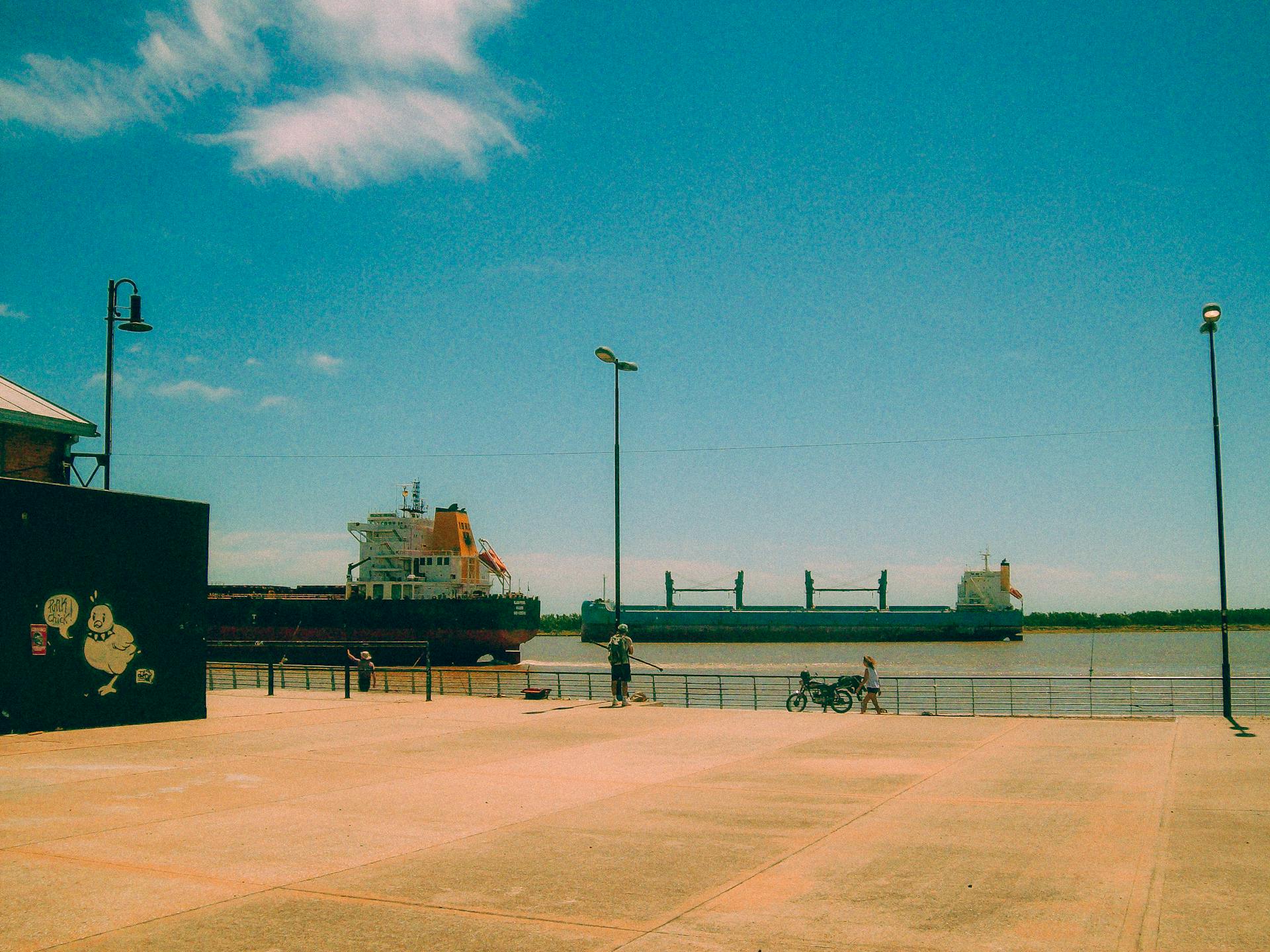 A cargo ship sails past colorful street art along the waterfront in Rosario, Argentina.