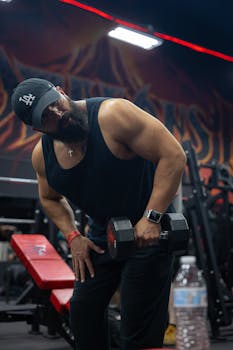 Muscular man performing side bend exercise with dumbbell in a gym.